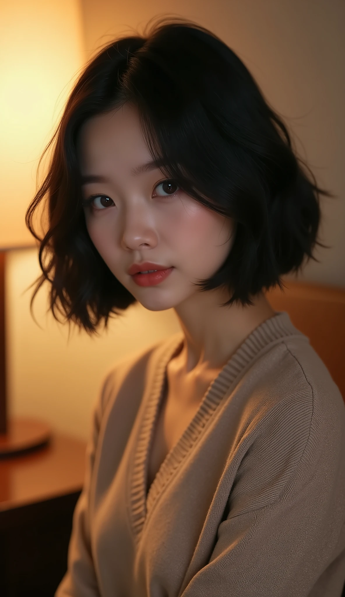 (masterpiece, Japanese woman, 4, short black hair, (wearing a V-neck sweater:1.2), elegant pose, (soft lighting))