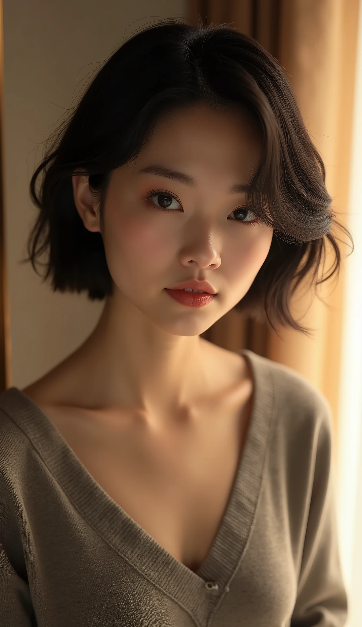 (masterpiece, Japanese woman, 4, short black hair, (wearing a V-neck sweater:1.2), elegant pose, (soft lighting))
