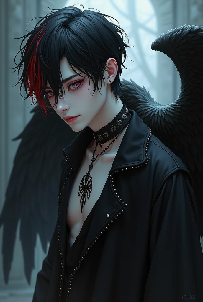 A boy who looks like someone in his 20s, her hair is black and red and her skin is white and pale, each of your eyes has a different color from the other, he is sad and melancholic because he is not reciprocated by the man he loves, he looks like a gothic, he is an angel who lost his heavenly grace and was cursed, he has vampire fangs and one of his wings is skeletal and the other is bat-like, he is a dark wizard, he has a black dog made entirely of darkness, he wears a choker and a skeleton necklace, he also likes butterflies and is an RPG character, he cries black tears and is always accompanied by his dog of darkness, the dog appears to be made of black smoke.