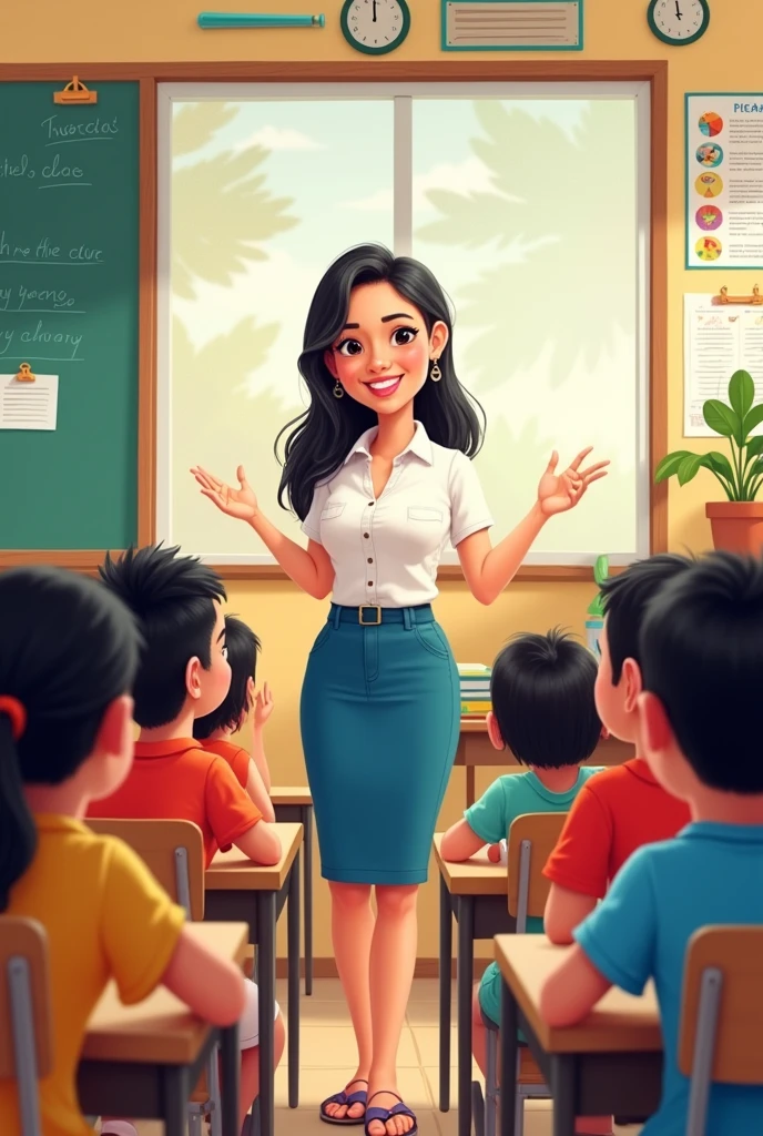 Create a poster that visualize an ideal Filipino teacher that teaches the whole class with passion and dedicated to her job as a teacher. Use a cartoon images