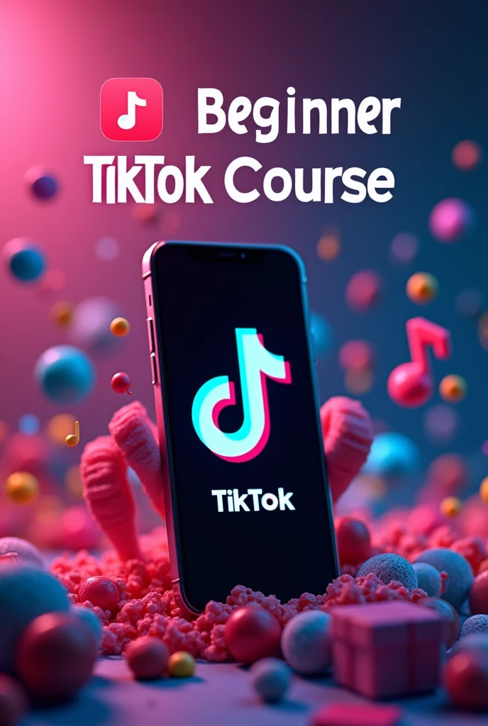 A vibrant and engaging TikTok-themed thumbnail featuring a smartphone with the TikTok logo prominently displayed on the screen. In the background, there are playful and colorful elements like music notes, video icons, and social media symbols, creating a dynamic atmosphere. The text 'TikTok Beginner Course' is clearly visible, in bold, modern font, with an arrow pointing toward the phone, suggesting action and learning. The overall design should be eye-catching, energetic, and modern, appealing to a young and creative audience."