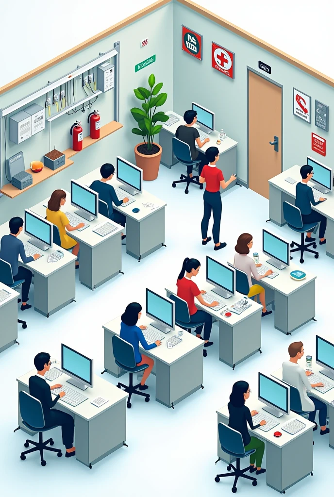 A whole drawing work which theme is to show the safety measures to observe while working in the computer laboratory.