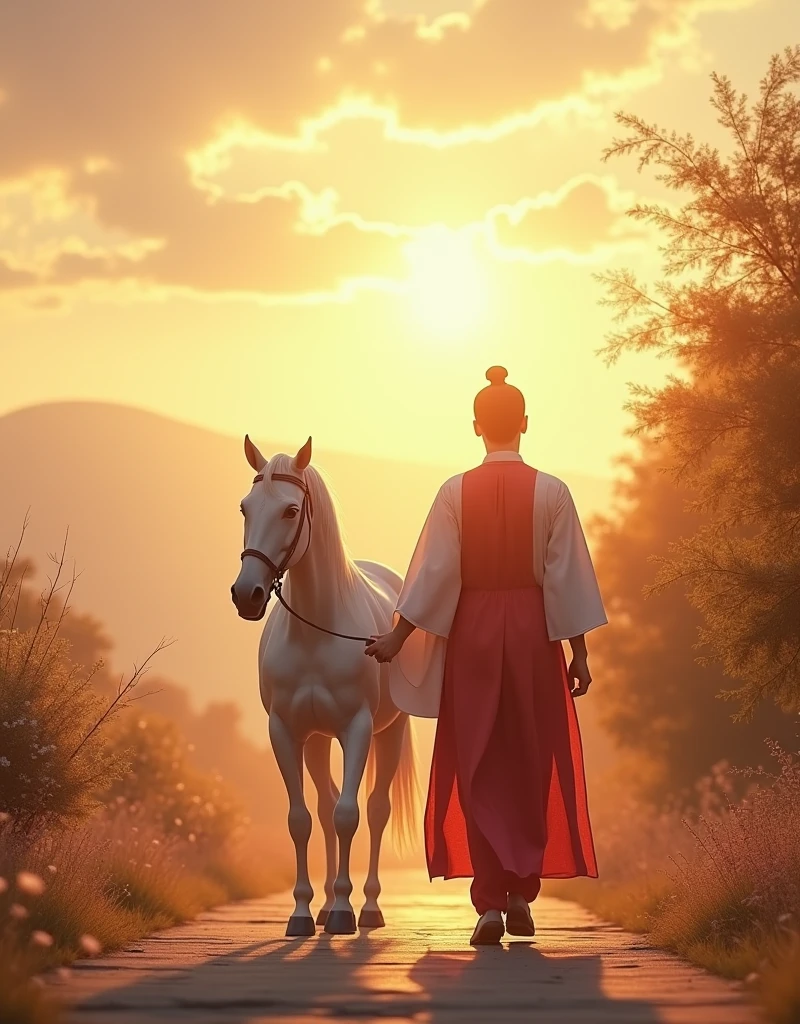 a personable gentleman,Aged between 20 and 2,Inspired by Chinese TV series《Lotus Tower》Li Lianhua in。The man has a handsome face,as《Lotus Tower》Actor who plays Li Lianhua,Eyes full of affection and melancholy,Exudes a mature elegance and restraint。He is wearing a white gown,Soft fabric,Falling naturally,Paired with a bright red robe,The red robe complements the woman’s red dress.,appear dignified and elegant。His figure is slender and straight,Act calmly and confidently,Holding a pure white horse in hand,Horses are white and smooth,Complementing the men's white clothes。The man walks slowly towards the camera,Steady pace,His expression showed deep relief and a touch of helplessness.,As if accepting the fate,Finally choose to leave。He knew that the woman's deep affection was still waiting for that old man,No chance in this life,Only the next life will continue。
The background is set on a quiet mountain road,The afterglow of the setting sun dyes the entire scene with golden light and shadow。The light is real and warm,The mountains in the distance and the remaining clouds on the horizon look and beautiful。The path is lined with low bamboo forests and scattered wild flowers.,blowing with the evening wind,The texture and real details of bamboo leaves and wildflowers are clearly visible。The entire screen presents unparalleled resolution,Details remain clear and realistic even when zoomed in,Make this image look great on the big screen or up close,All display stunning picture quality。
The background and atmosphere should reflect his quiet guardianship、A state of relief and a silent farewell。