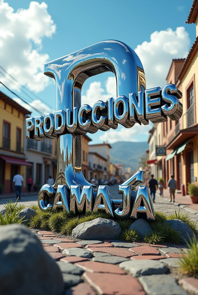 PRODUccIONES cAMAJA EN LETRAS cROMADAS, with an image of a town, background, with the initials P,c