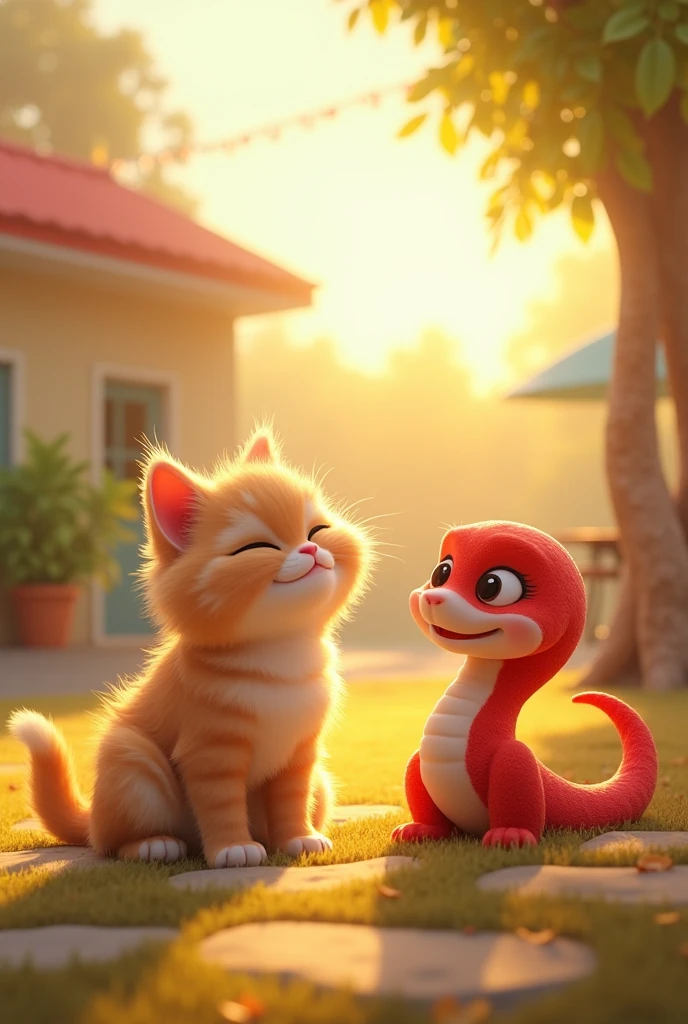 (photorealism:1.2), A fluffy, content cat sits beside Dora (the happy red snake), purring softly. Dora looks at the cat with a smile as the cat’s fur shines in the sun. Next to them, a joyful dog with a wagging tail is playfully running around, adding to the cheerful scene.