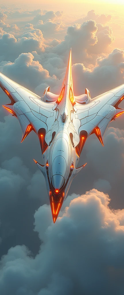 a phoenix airplane macha from white metal, soaring on the sky, metal reflection body, cinematic lighting, spreading the wings and gliding, gliding pose, glowing orange eyes, glowing steel orange wings, glowing steel orange tails, iron claw, bright color, morning glory cloud background, highly detailed, futurism, sci-fi theme