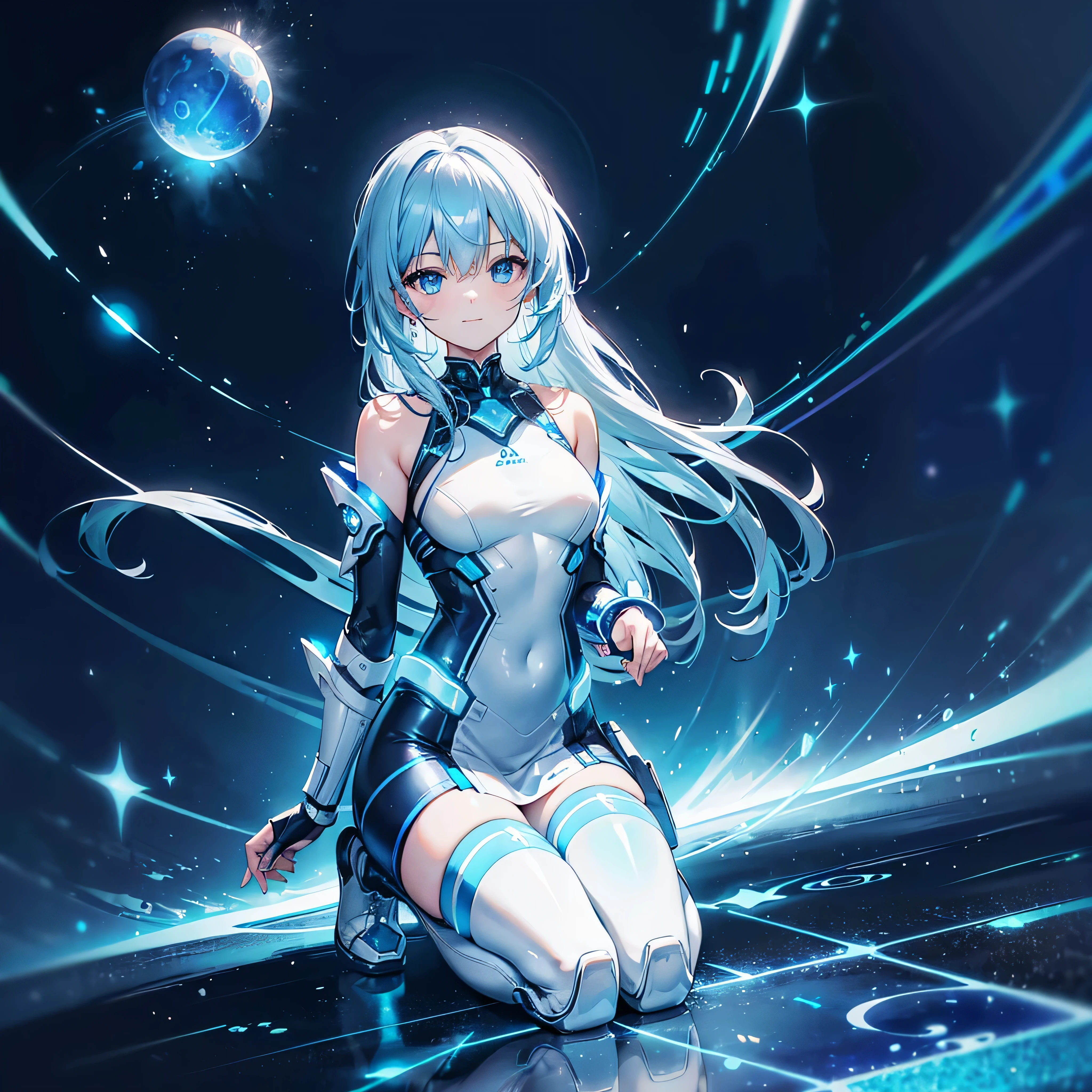 ((Holographic glow effect)),8k, Highest quality, (real:1.4), Original photo, 1 person, Asari Hair, Biological Amplifier, Very sleek and futuristic armor, posture: Peace talks between warring factions,,attention arousal, smart blue eyes,A modest smile,Knee-high boots,Patent-look blue tights,Blue big moon and blue light swirl in the background,Blue light from behind,blue light magic,A small, glowing blue ball in the palm of your hand,Blue flame swirl,Blue Comet,Polished floor,