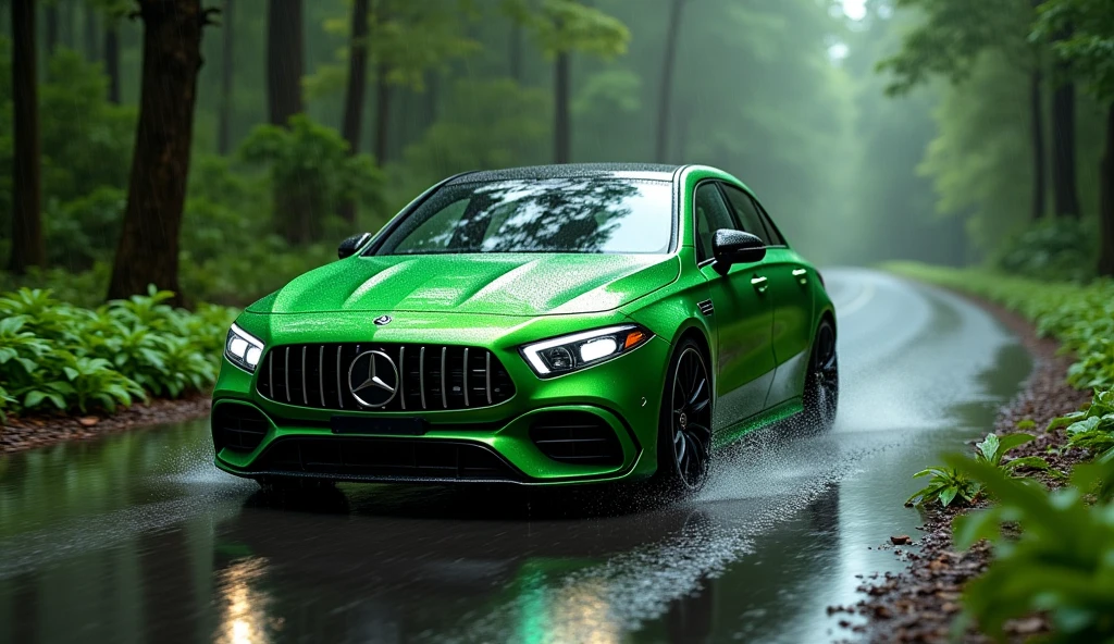 Mercedes benz amg a 200, green colour on the road of forest with rain