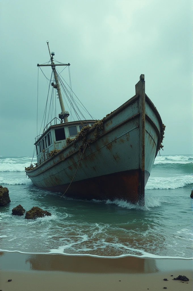 A stranded boat had kissed the sandbar to his right. The metal of the little hooker still looked new safe for the large leak that the hull had suffered. Water entered the ship effortlessly and tilted it as if the ocean planned to drown it in its deadly embrace. Every gentle brush of water licked on the exposed barnacles at the bottom.