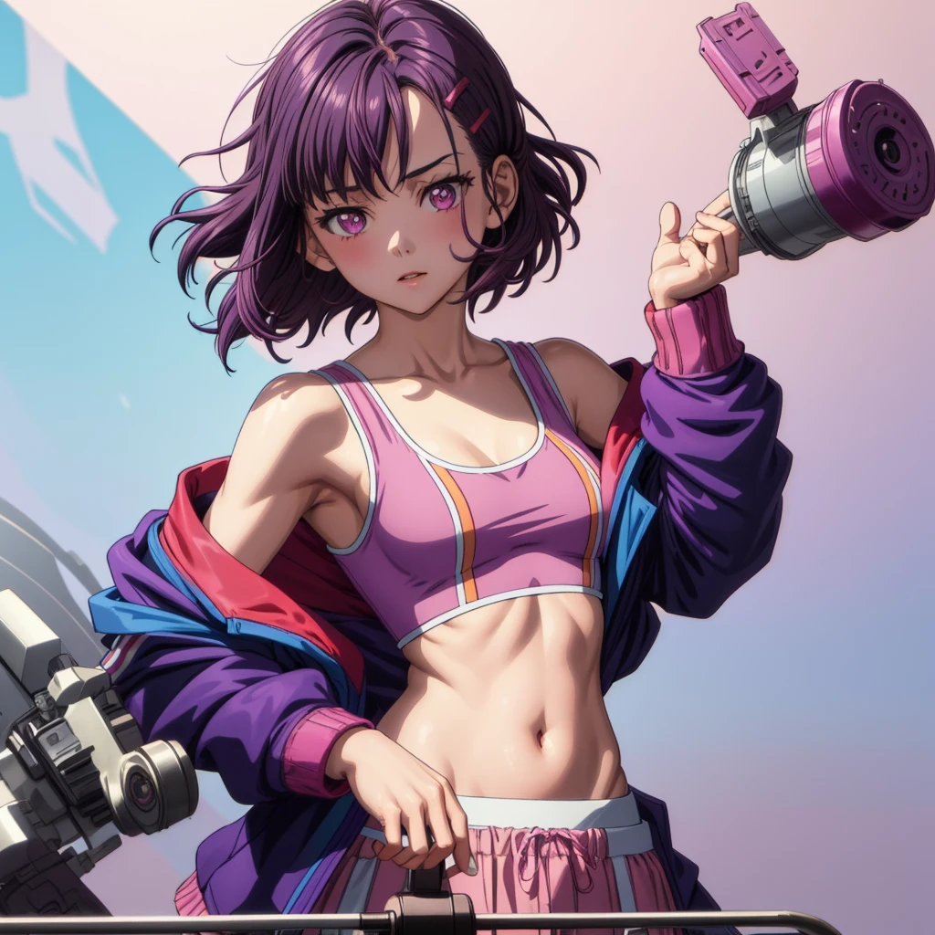 1girl, focused upper body, realistic, (short purple hair and hair clip), purple eyes, standing pose, (pink tanktop and pink skirt, blue jacket), purple background