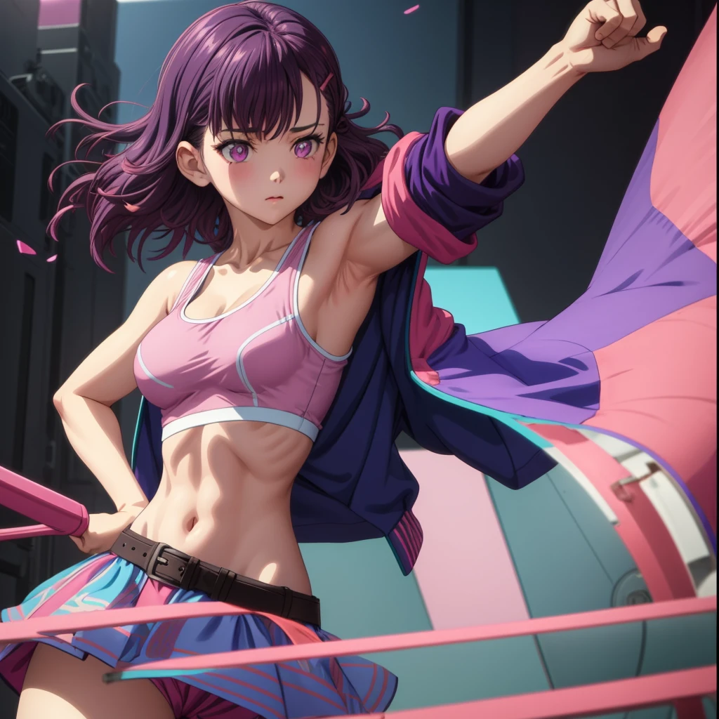 1girl, focused upper body, realistic, (short purple hair and hair clip), purple eyes, standing pose, (pink tanktop and pink skirt, blue jacket), purple background