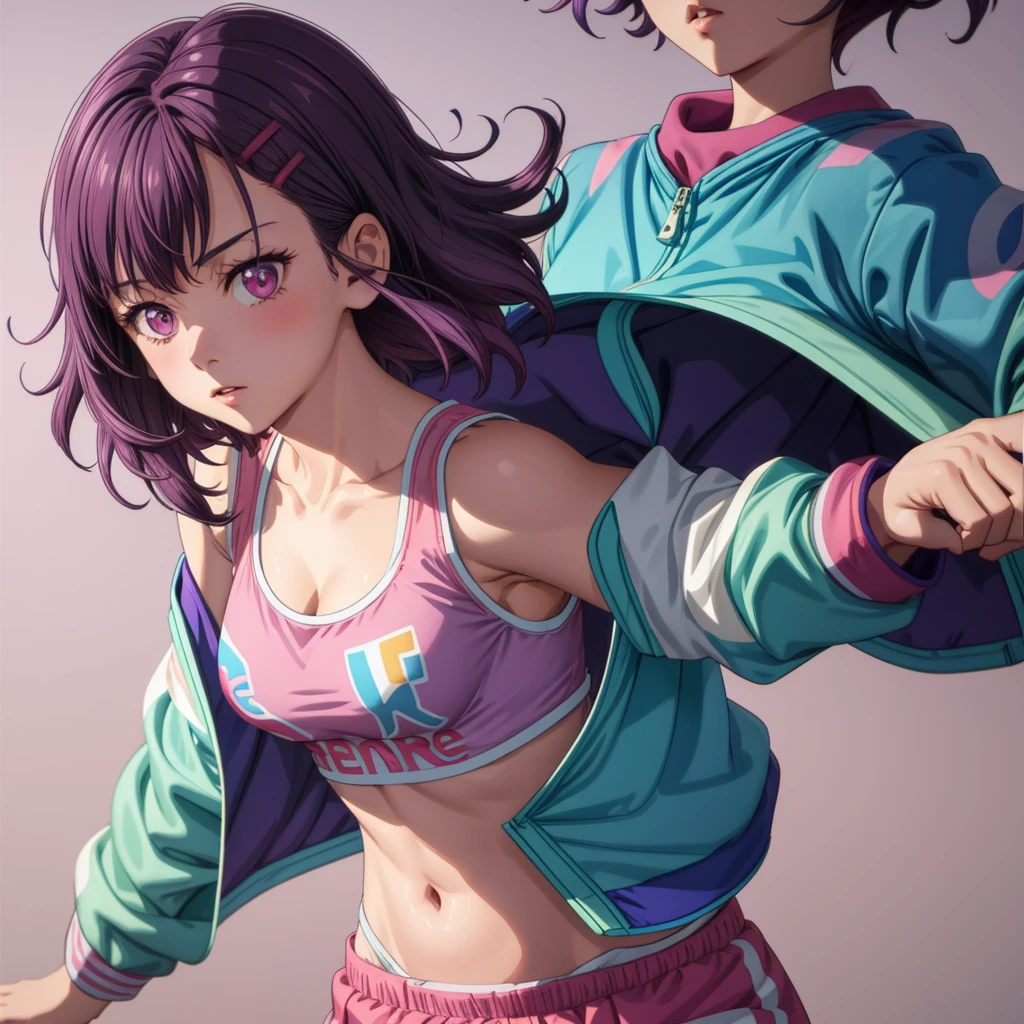 1girl, focused upper body, realistic, (short purple hair and hair clip), purple eyes, standing pose, (pink tanktop and pink skirt, blue jacket), purple background