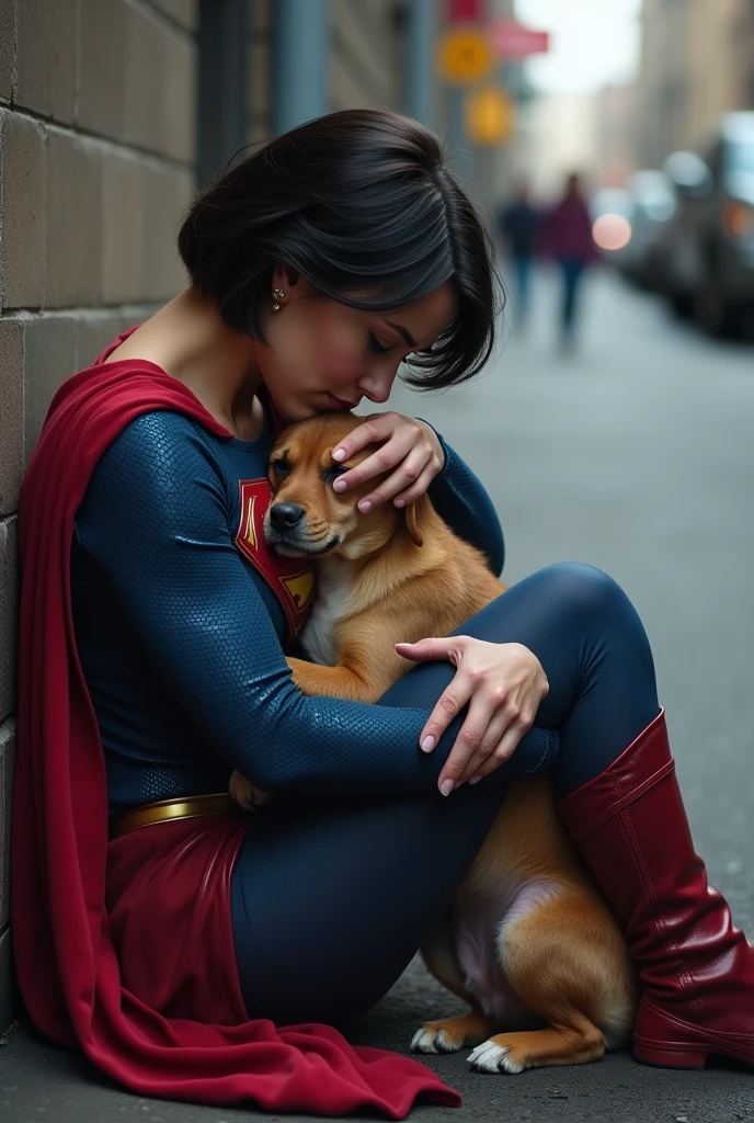 Short haired brunette woman wearing a superman costume, physically strong, sitting on the asphalt street, Hugging a dog, Grieving, side perspective, sobbing.