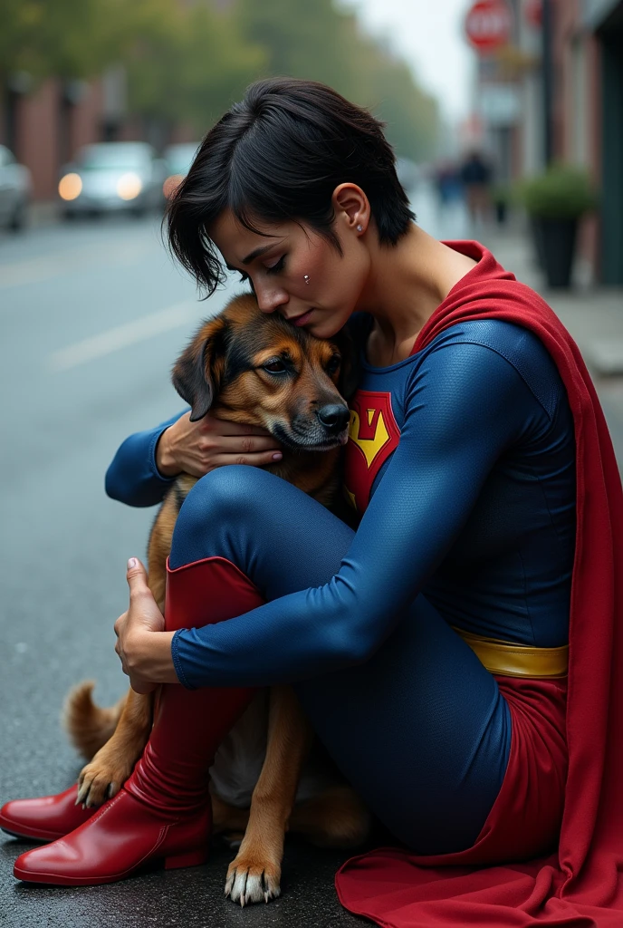 Short haired brunette woman wearing a superman costume, physically strong, sitting on the asphalt street, Hugging a dog, Grieving, side perspective, sobbing.