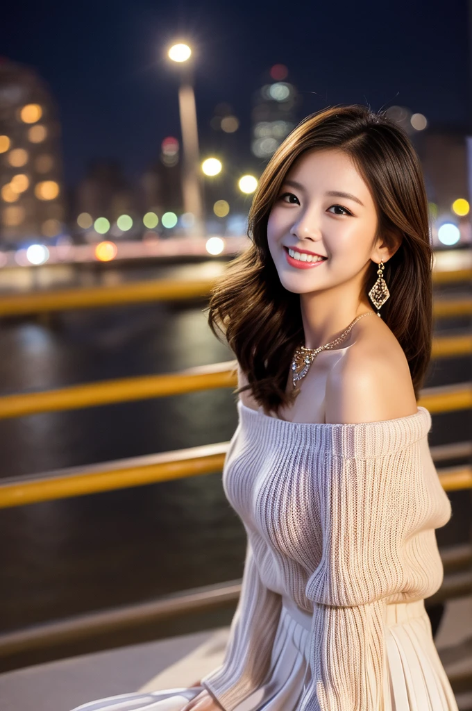 (Masterpiece:1.5、Highest quality:1.5,)、Beauty Painting、(Beautiful adult woman:Age 25:Beautiful Face:Beautiful Hair:Beautiful Eyes:Beautiful body:Beautiful breasts:Beautiful legs、Cute smile、Upward glance)、Skin-beautifying effect、(Realistic:1.5,RAW shooting,)、Beautiful illustrations、Best skin and hair texture、((Off-the-shoulder knit、1 handbag、Diamond Necklace、Pleated skirt、Knee-high))、Beautiful views、Stand on a large bridge、Beautiful night view、Realistic portraits,Overall image、Accurate Images、Accurate anatomy、Flawless images,