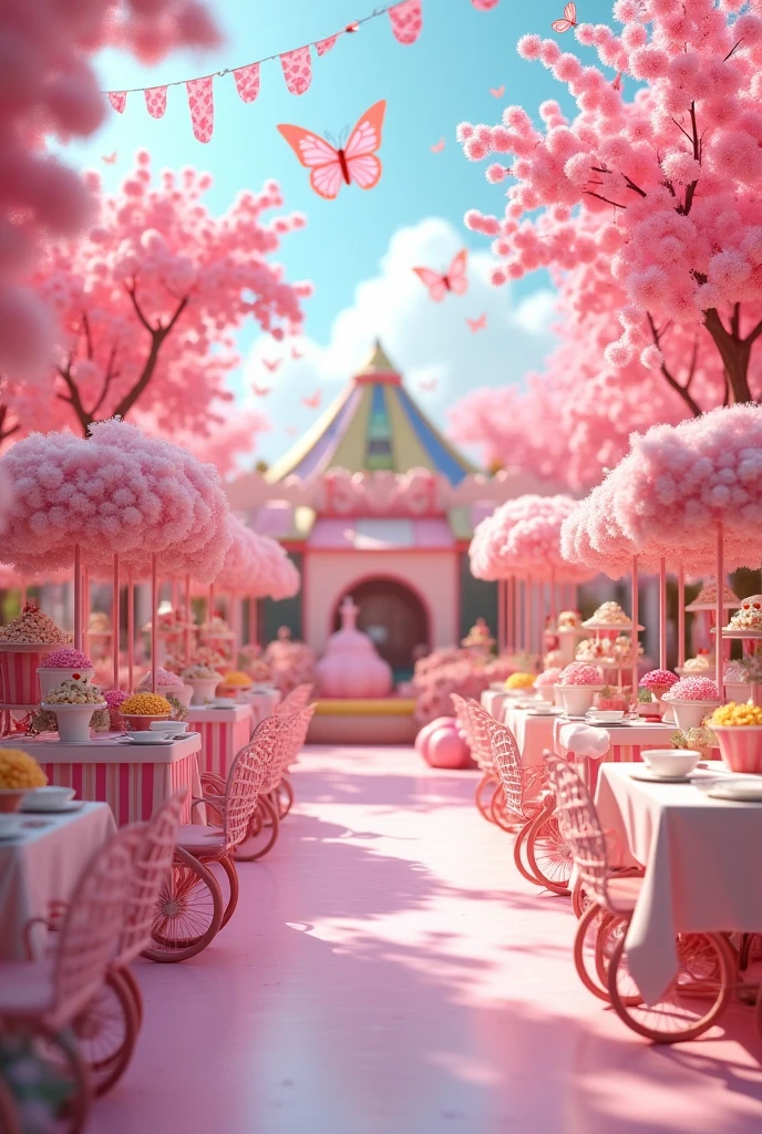 Butterfly themed party : The party's entertainment area is lively and full of options for children. There is a popcorn cart decorated in pink and white, where children can get fresh popcorn. Next to it, a cotton candy cart, also in pink and white, distributes sweet clouds to the guests. A large, colorful and safe bouncy castle is available for children to have fun, offering moments of great joy and play. In addition, there is an area with various games and toys, all decorated in harmony with the pink and white colors of the party, creating a cheerful and welcoming atmosphere for everyone.