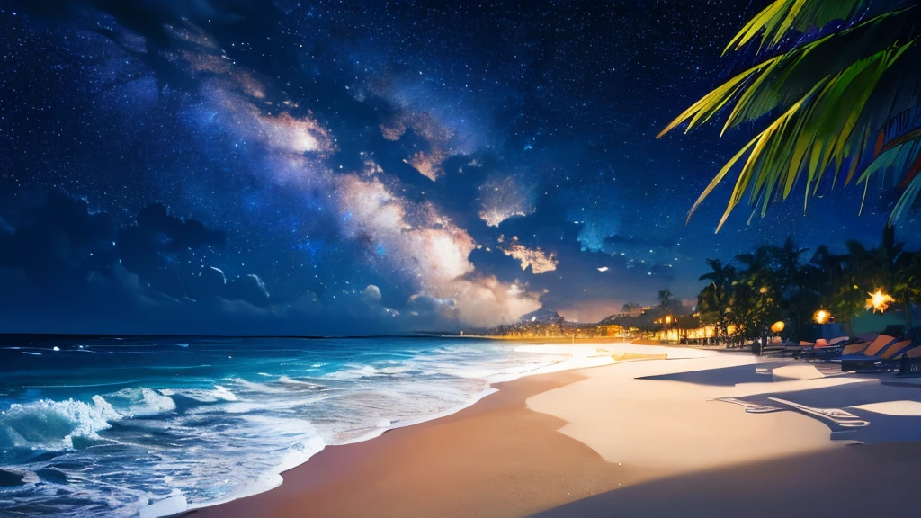 (masterpiece:1.2,Highest quality),Tropical Beach,night,Shooting with a wide-angle prime lens,Starry Sky,milky way,8k resolution
