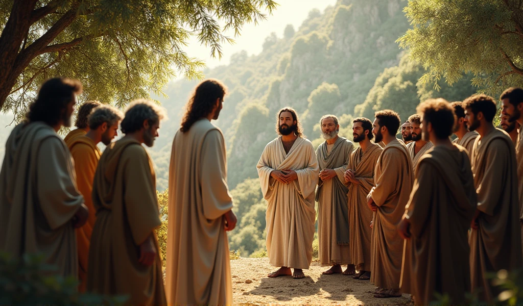 Ancient Israel、Biblical times、1st century、(((The disciples listen to the short-haired Christ)))、8k、Raw photo、Maximum quality、Masterpiece artwork:1.5、ultralight high resolution、Photorealistic:1.5、cinematic light、soft volumetric lighting:1.5、realisitic、Photorealistic:1、skin detailed、professional lighting、one photo、sharp focus、detaileds、professional lighting、photon mapping、detailed and intricate environment、highy detailed、Maximum quality、Artistic photography、arte conceitual fotorrealisitic、soft natural volumetric cinematic perfect light、middle of the journey、Detailed hand、
