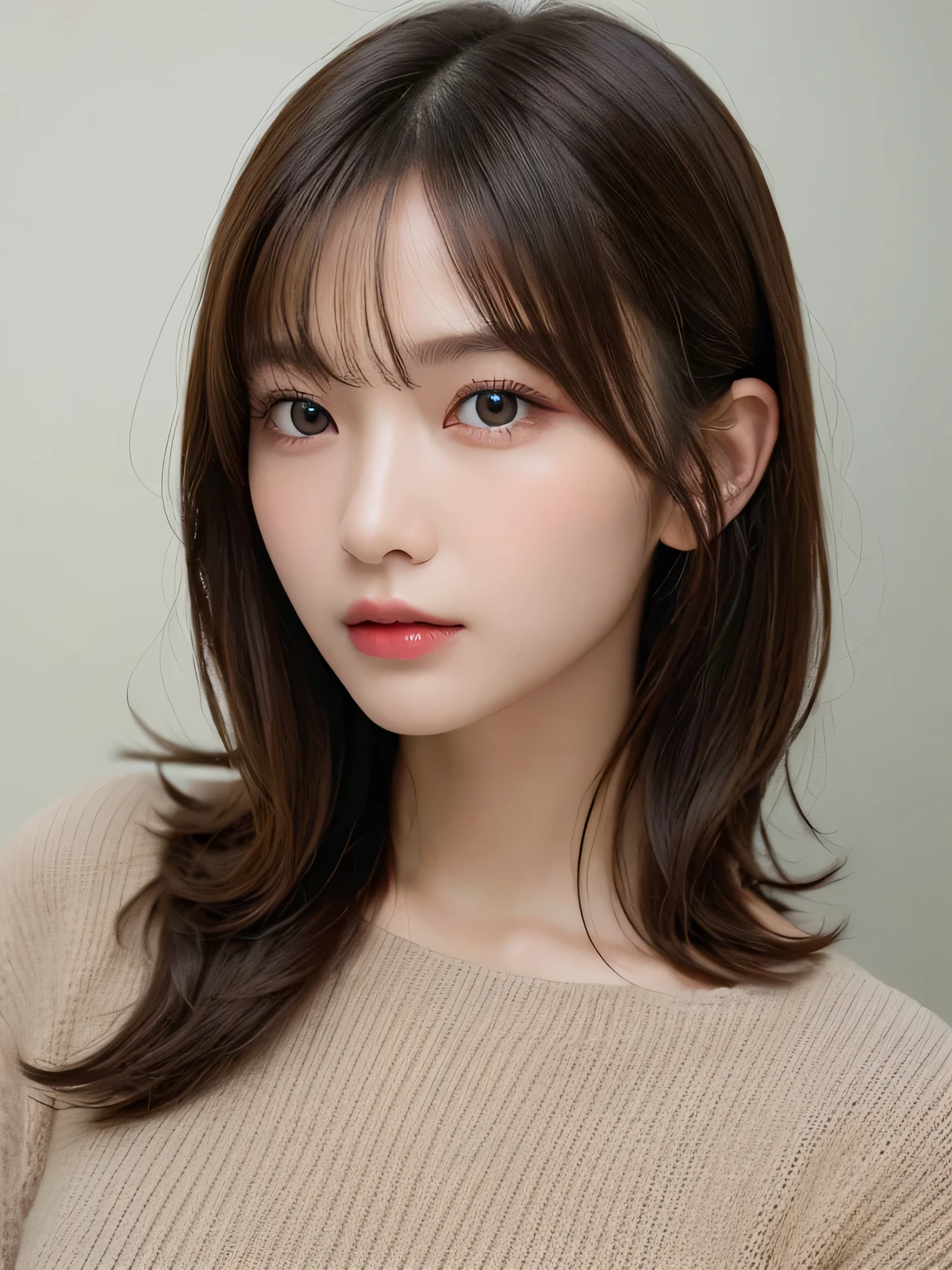 ((Browsing Caution))、(masterpiece:1.5)、(8k)、(Realistic:1.5)、RAW Photos、(Best image quality:1.4)、(Sharp focus:1.5)、 Highest quality、masterpiece、Ultra-high resolution、Perfect dynamic composition、 20-year-old、thin、Beautiful woman:1.4、Serious expression、 She is wearing a white long-sleeved knit dress.、 Light brown hair、Bobcut、Shiny Hair、 Highly detailed face、Detailed eyes、double eyelid、 Natural color lip、Beautiful Skin、