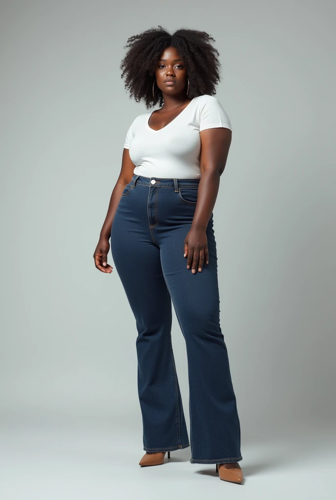 image captured with a Sony α7 III camera, full body shot, an narrow waist, wide hips, and a full bust. The proportions are highly stylized, with a sharp contrast between the tiny waist and the expansive curves of the hips and chest, young Black woman early 20's, bootcut jeans in dark Blue color, fitted waist tee in white color, standing, light brown high heels, light gray background.