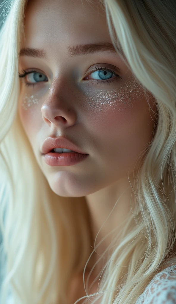 Close-up portrait of a young woman with long, wavy platinum blonde hair and sparkling freckles across her cheeks. Her striking blue eyes are framed by subtle makeup, and her lips are slightly parted, showcasing a soft, natural hue. The glistening particles on her skin catch the light, creating a whimsical, ethereal effect.