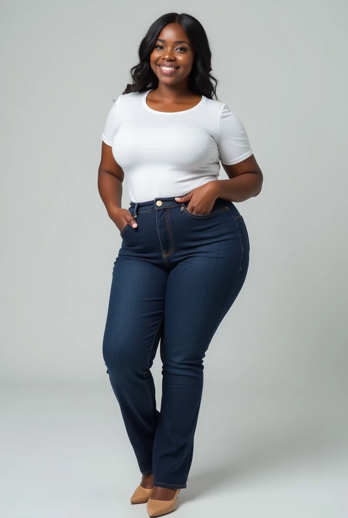 image captured with a Sony α7 III camera, full body shot, an narrow waist, wide hips, and a full bust. The proportions are highly stylized, with a sharp contrast between the tiny waist and the expansive curves of the hips and chest, young Black woman early 20's, bootcut jeans in dark Blue color, fitted waist tee in white color, standing, light brown high heels, light gray background.
