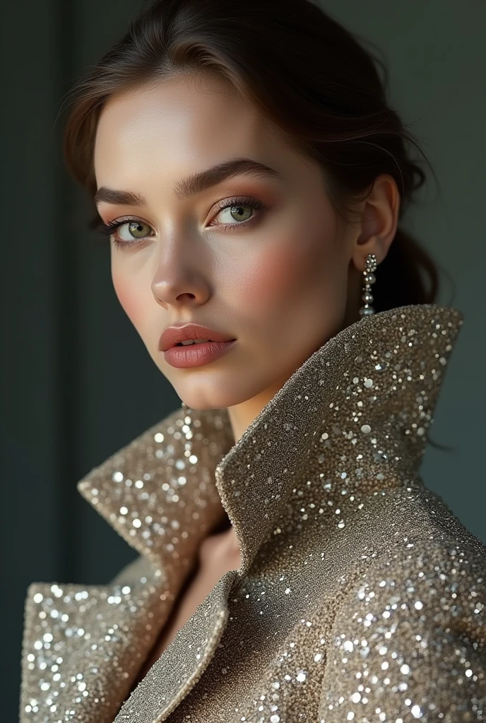 European woman model wearing coat with rhinestones