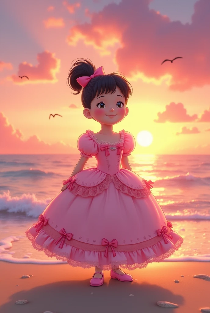 Man connector Nobi Nobita in the cartoon, Doraemon, wears a pink barbie dress on the beach at dusk