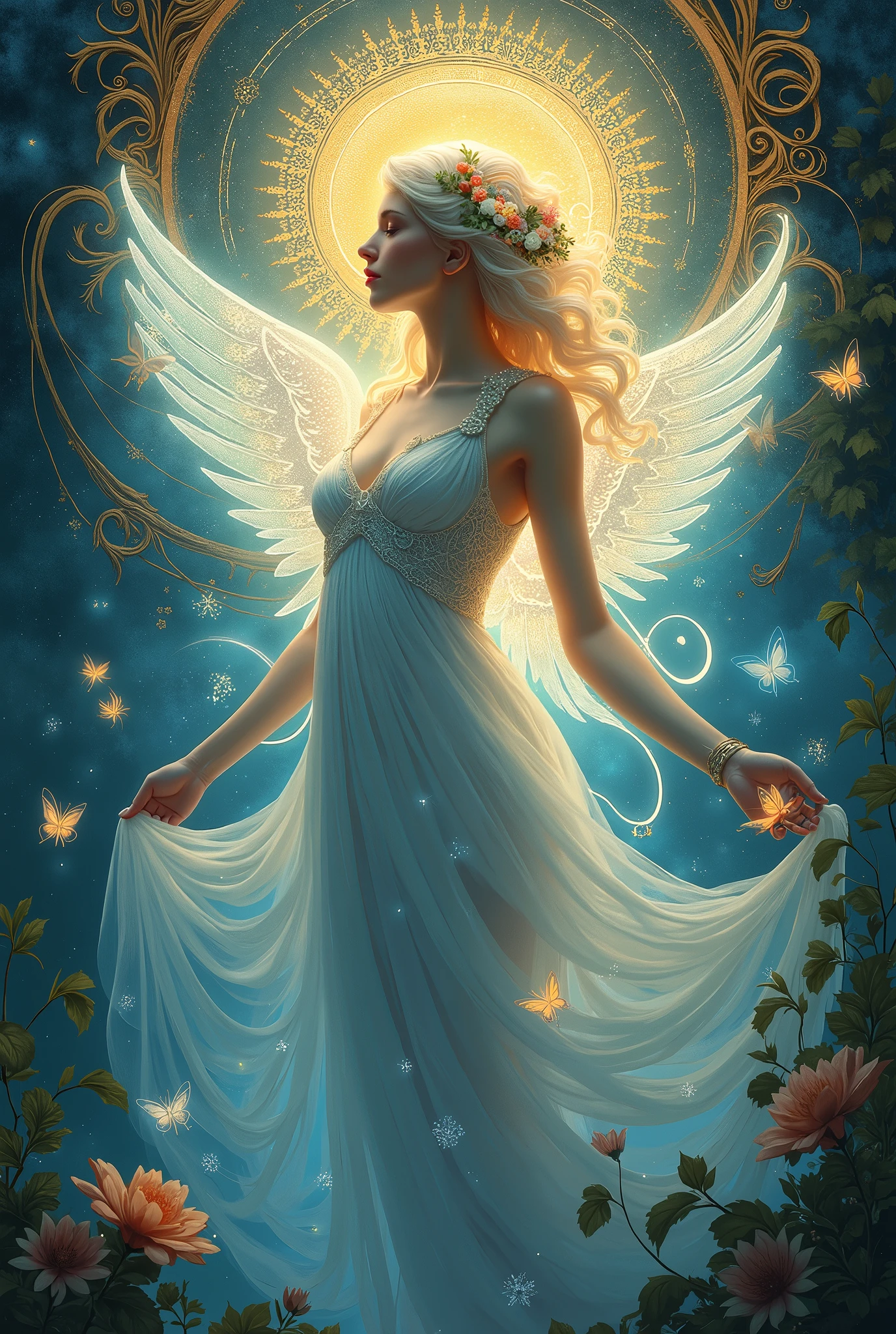 goddess of love, Art Nouveau, holographic blue and golden light