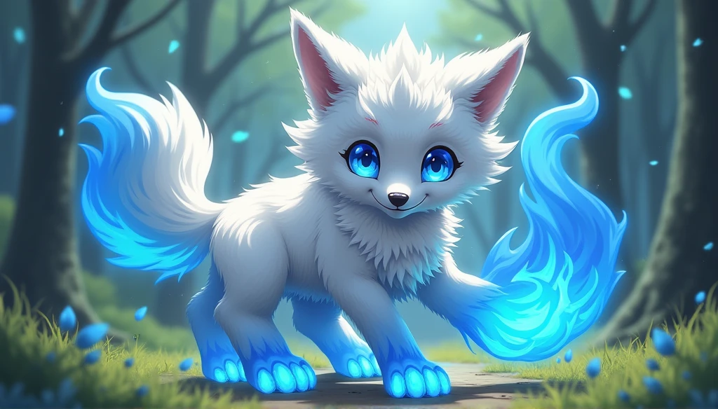 Anthropomorphic standing furry little wolf,adolable, Light:Extreme light and shadow,(anthr(Full Body Furry,Head bust close-up, Pale blue hair,Large pale blue ears,Big blue eyes,White fur,Reddish skin ,Sky blue eyes, Pale blue hair:1.2), (long canines、Thick blue cloak,White fur trims:1.2),(In the daytime、lawns)) ,((Deep in the forest at night,glowworm,Stone path,独奏,solo person)),((the detail)),(depth of fields)