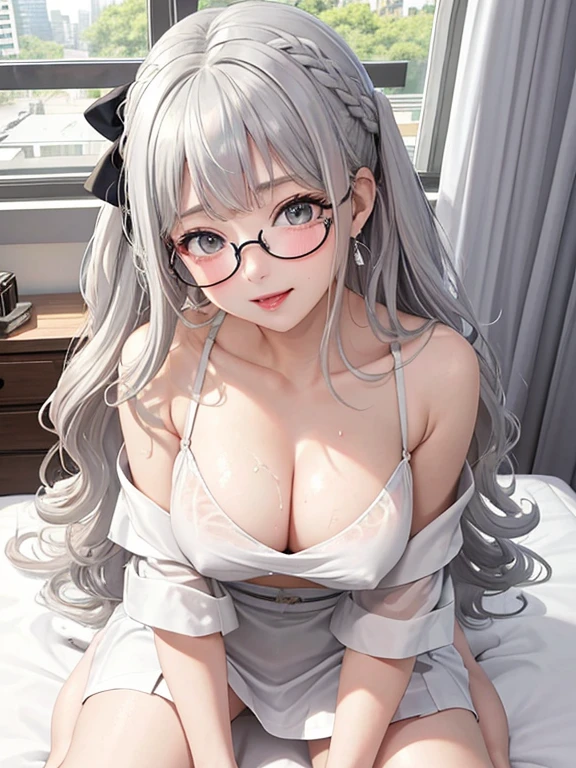 1Girl, 2, Solo, Anime, Ideal body, (Cleavage, Small breast, Hard Nipple). Beautiful, Gorgeous, Fresh, Blunt Bangs, (White Grey Hair:1.5),(Straight and Wavy Long Hair:1.3), colorful, suit, formal shirt, formal dress, perfect laced bra, cream bra, black bra, casual skirt, camisoles, cotton texture, laced, casual pants, Off-Shoulder, Oversize, Comfort, Loose shirt, Fabric Texture. (Seiza:1.3). Earrings, Thin Black Headband, Eye Glasses, Green Accessories, Environmental Details, Bed Room, Natural Light, Modern Bed, Chair, Window, White Curtain, City View. pov, anime style, UHD, retina, masterpiece, accurate, anatomically correct, textured skin. High Resolution, Looking at the viewer, Blush, Best Quality, Award Winning, Accurate, Embarrassed, seductive smile, naughty smile, horny, sweating, Naughty Face, Chin up, lips open, Gradient Eye Color, Sexy Pose. In the top view shot, the body is bent to the viewer, in front of the camera, looking up to the viewer, tongue out, and with an open mouth. From Above, Close-Up, (sticky goo on breast), (white goo on body), (sweating). Milk, white milk on the breast. Hand correct, arm correct. 2 hand, 2 arm.