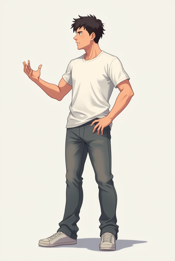 A man standing, he's like he's talking talking to someone, he wears a nice white t-shirt, a grey jeans pants, realistic, anime style, no background 
