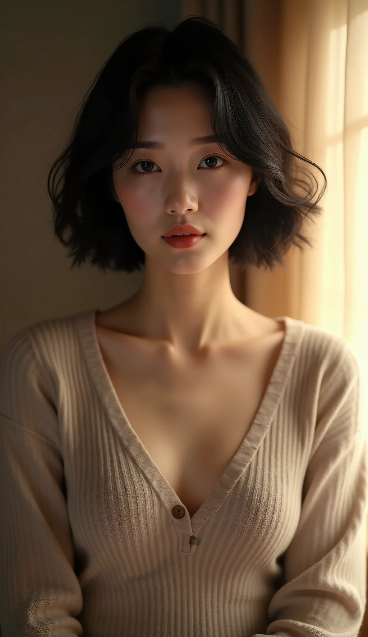 (masterpiece, Japanese woman, 4, short black hair, (wearing a V-neck sweater:1.2), elegant pose, (soft lighting))