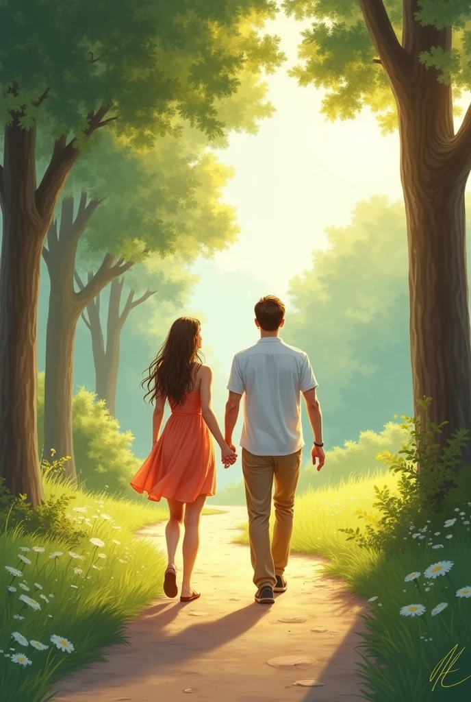 A couple, husband and wife, walking along a serene, scenic path surrounded by trees and nature. The atmosphere is peaceful, with clear skies and soft sunlight, suggesting the start of a joyful outing.