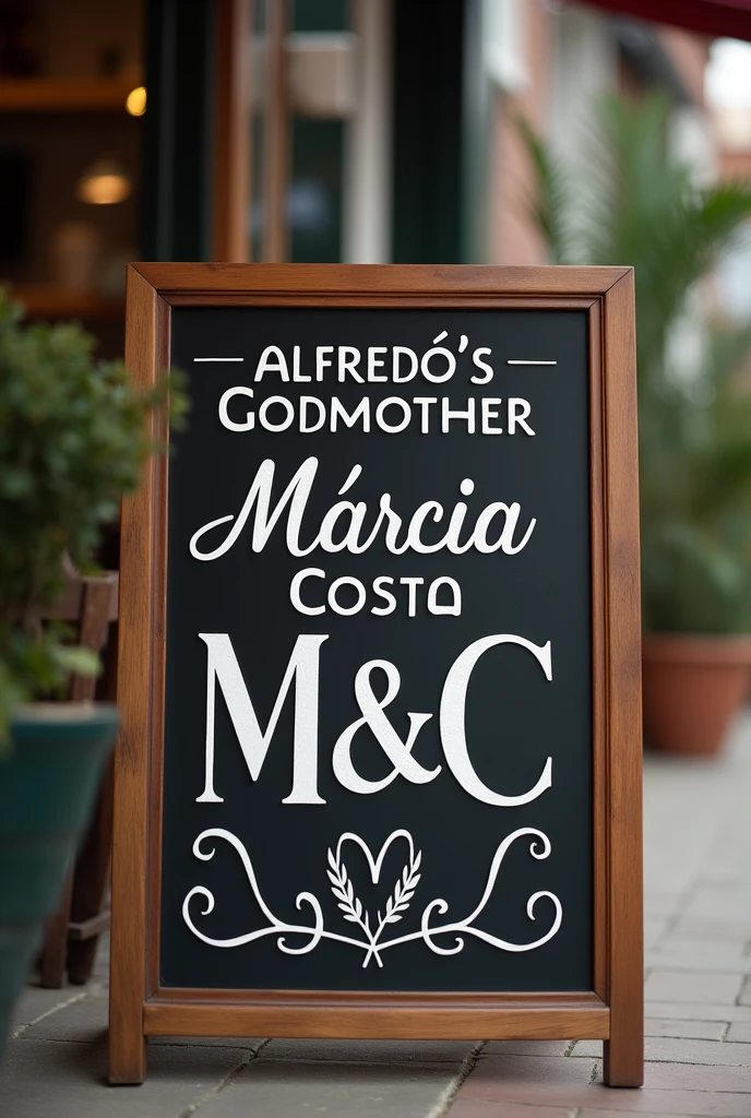 A sign that says "Alfredo&#39;s Godmother: Márcia costa"  "M&c". 