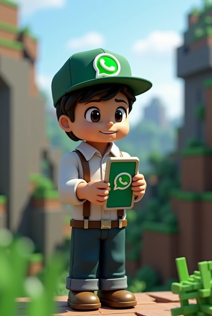 A Minecraft guy holding a cell phone showing the WhatsApp logo but in the Minecraft world, improve in everything, put on a whatsapp cap, make him well dressed, now make him younger
