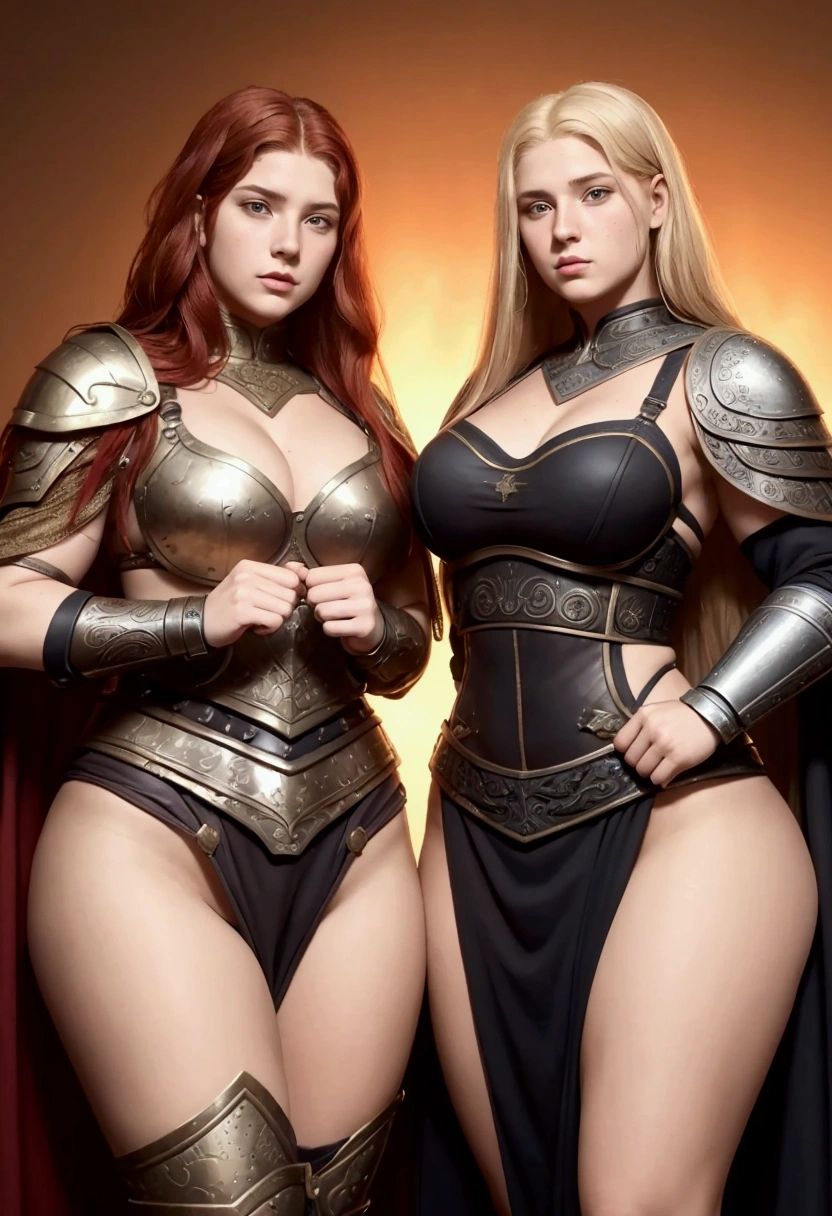 two females, sisters of different ages portrait, break: older sister detailed face, lesbians, redhead, , long hair, curvy, tall, warriors roman, roman empire, using sexy armor, determined, full body. break: young sister detailed face, lesbians, blonde , long hair, curvy, tall, warriors roman, roman empire, using sexy armor, determined, full body.
