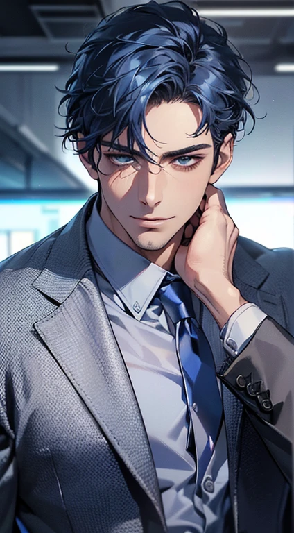 (best quality,4k,8k,highres,masterpiece:1.2),ultra-detailed,(realistic,photorealistic,photo-realistic:1.37),1 man,3,mature man,very handsome,without expression,smile,short blue hair,blue eyes,penetrating gaze,perfect face without errors,imposing posture,businessman,office background,cinematic lighting,hdr image