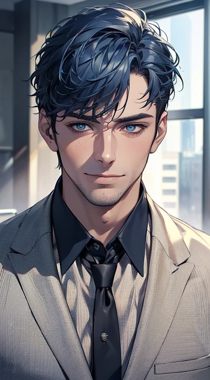 (best quality,4k,8k,highres,masterpiece:1.2),ultra-detailed,(realistic,photorealistic,photo-realistic:1.37),1 man,3,mature man,very handsome,without expression,smile,short blue hair,blue eyes,penetrating gaze,perfect face without errors,imposing posture,businessman,office background,cinematic lighting,hdr image