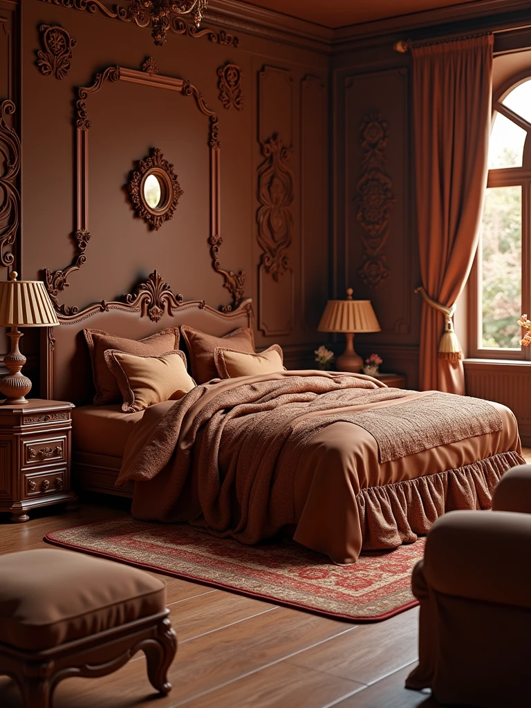 a choclate cake room, choclaate cake bed, table also, and whatever in the room is in choclate cake