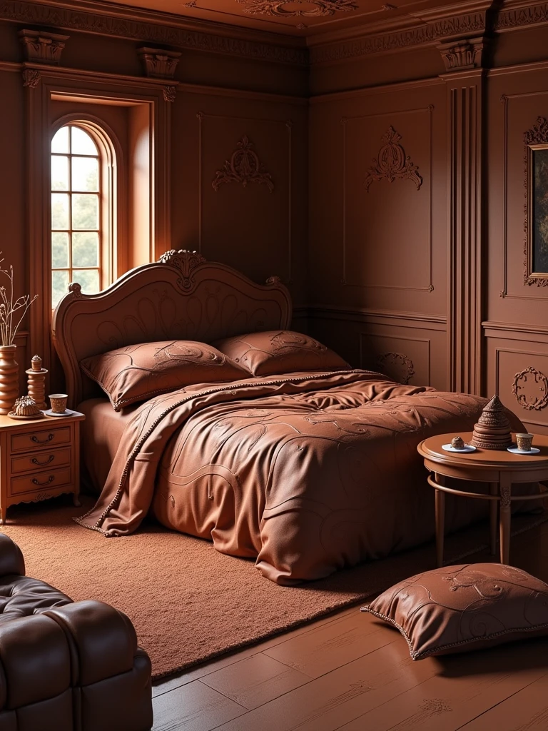 a choclate cake room, choclaate cake bed, table  also, and whatever in the room is in choclate cake