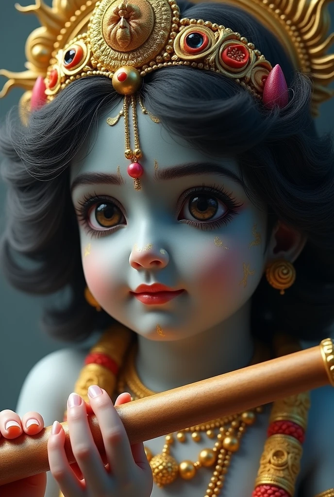 Krishna ,flute in hand, only face , peacock