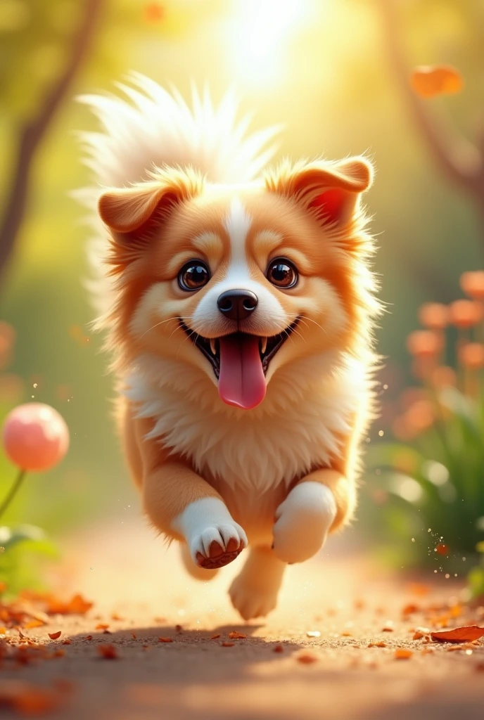 (photorealism:1.2), a joyful dog with a wagging tail is playfully running around, adding to the cheerful scene.