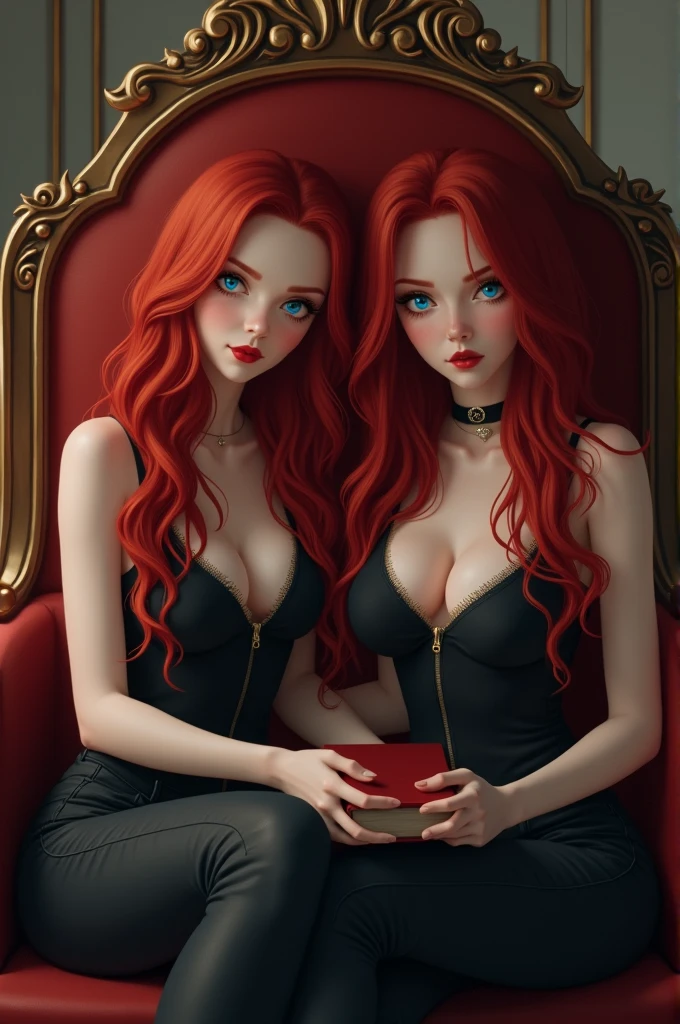 A 2 girl, young and attractive long red hair, blue eyes and white skin, She has a flirtatious look while sitting on a throne-like single sofa, wearing black jeans with a bodysuit of the same color. In his hands he has a book which he is reading.