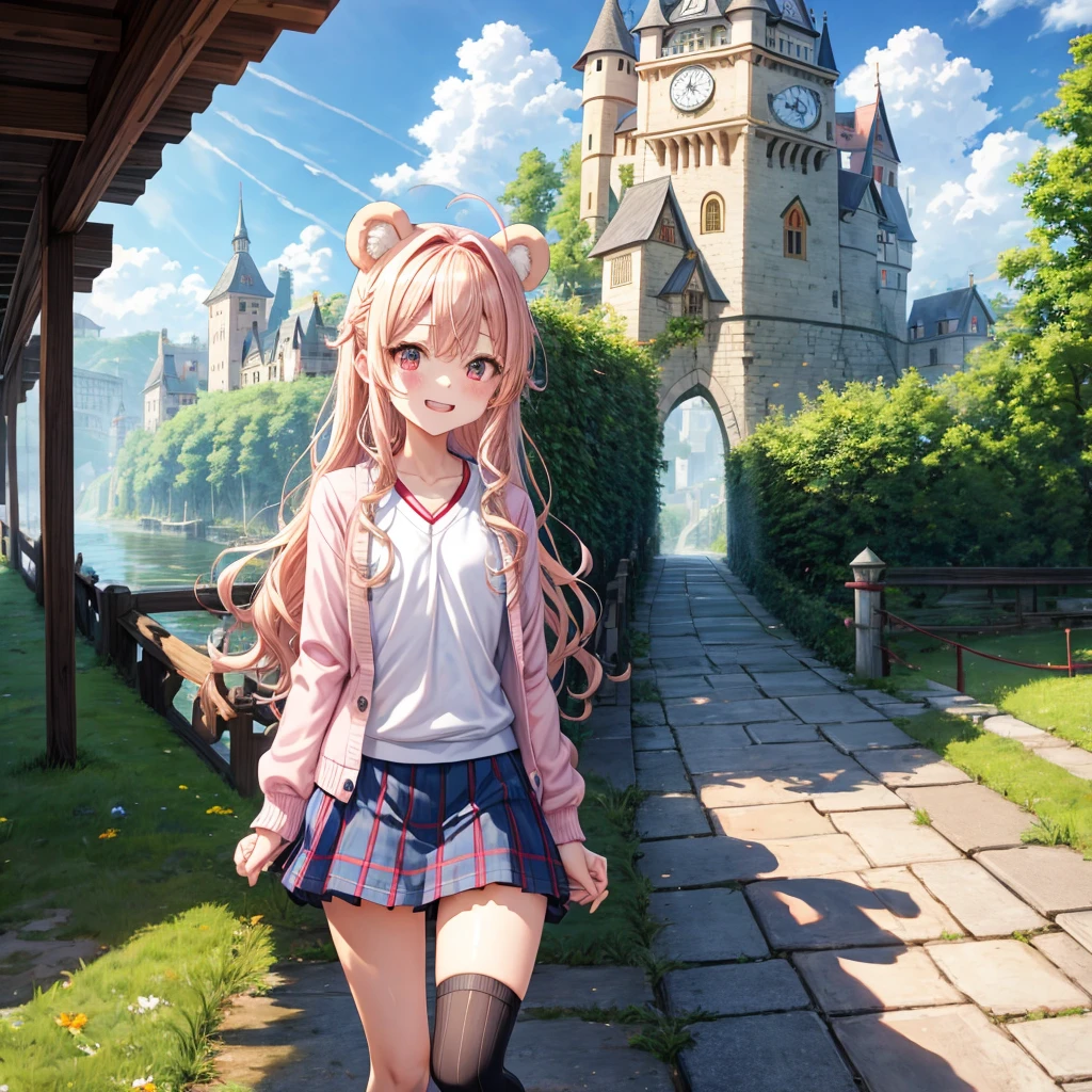 Pink Blonde、Red eyes、Wavy Hair、Hair tied up、Two cute、Checked mini skirt、black t-shirts、cardigan、Knee-high socks、bear ears baseball cap、Teeth are visible、Monster Castle、Tilting face、crossing the bridge、hazakura、windmill、grass、Stones are growing out of the ground.、A teddy bear is walking、Morning glory is blooming.、In front of the city gates、clock、Underground tunnels、Waterway、Small boat、Have a cider