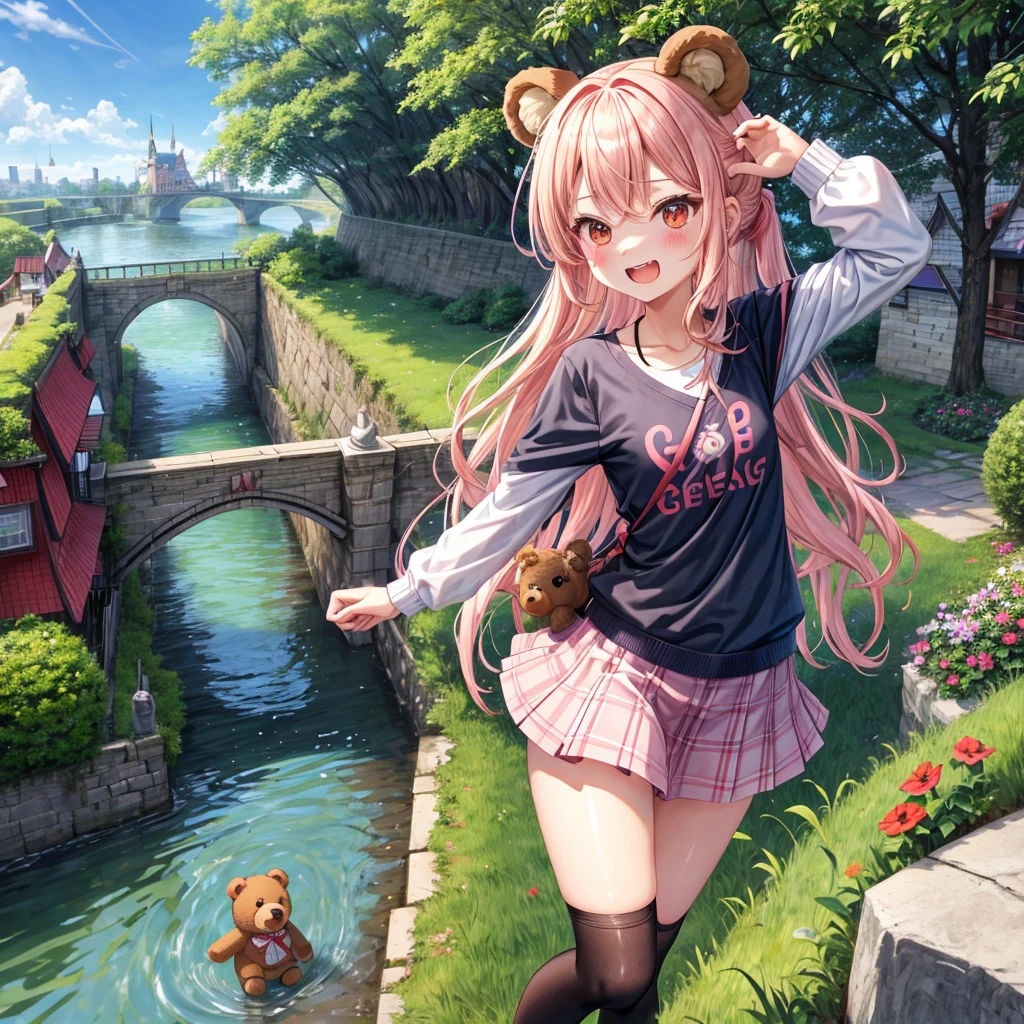 Pink Blonde、Red eyes、Wavy Hair、Hair tied up、Two cute、Checked mini skirt、black t-shirts、cardigan、Knee-high socks、bear ears baseball cap、Teeth are visible、Monster Castle、Tilting face、crossing the bridge、hazakura、windmill、grass、Stones are growing out of the ground.、A teddy bear is walking、Morning glory is blooming.、In front of the city gates、clock、Underground tunnels、Waterway、Small boat、Have a cider