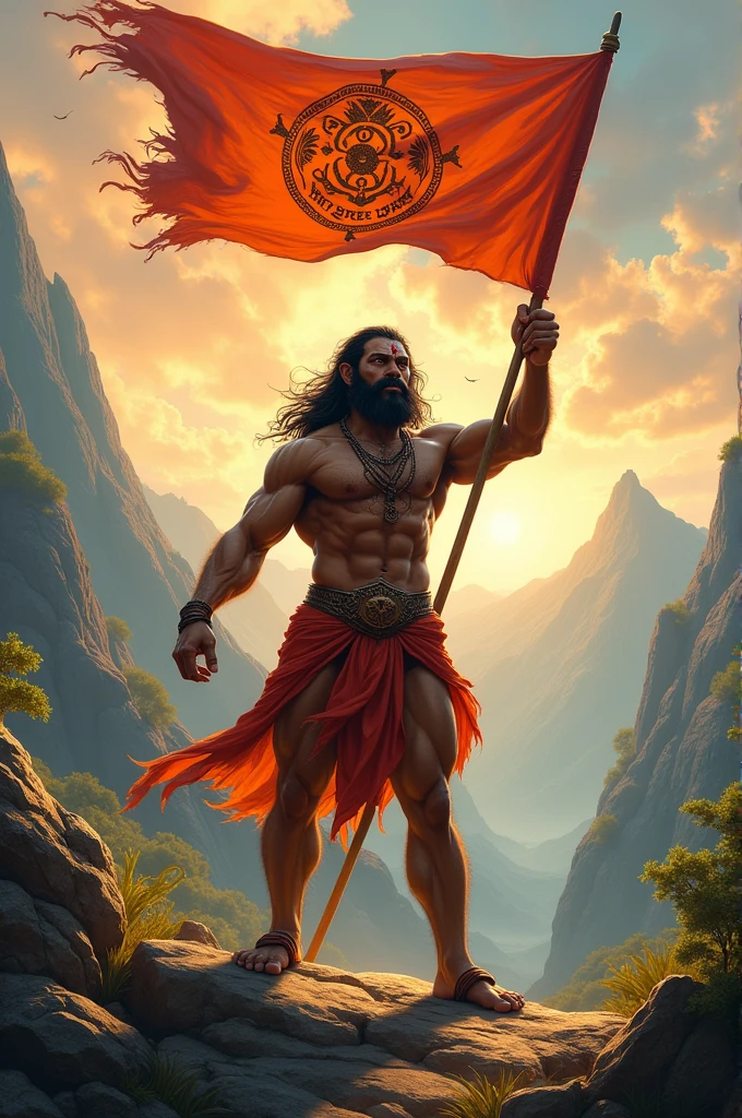 Create a Realistic High Quality image of LORD HANUMAN is standing with a flag on which jay shree ram is written beautiful background view .