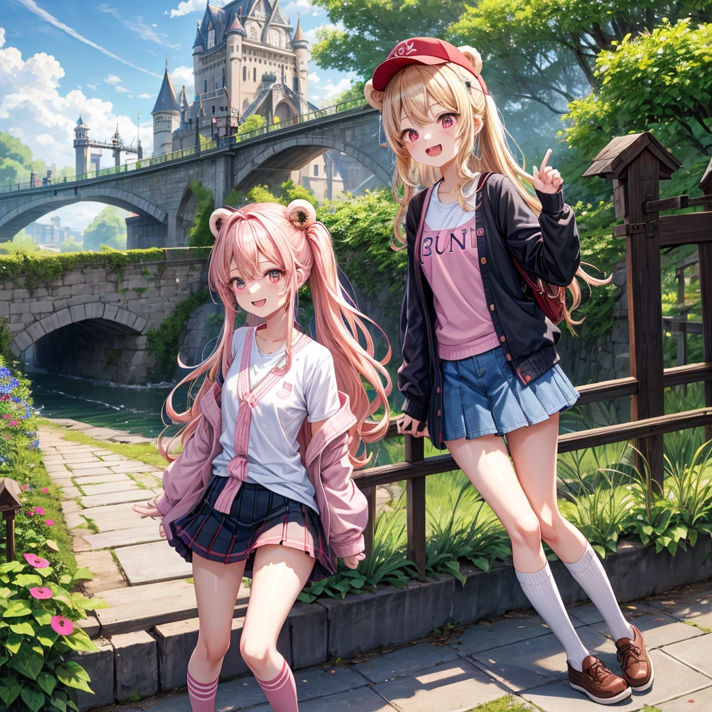 Pink Blonde、Red eyes、Wavy Hair、Hair tied up、Two cute、Checked mini skirt、black t-shirts、cardigan、Knee-high socks、bear ears baseball cap、Teeth are visible、Monster Castle、Tilting face、crossing the bridge、hazakura、windmill、grass、Stones are growing out of the ground.、A teddy bear is walking、Morning glory is blooming.、In front of the city gates、clock、Underground tunnels、Waterway、Small boat、Have a cider