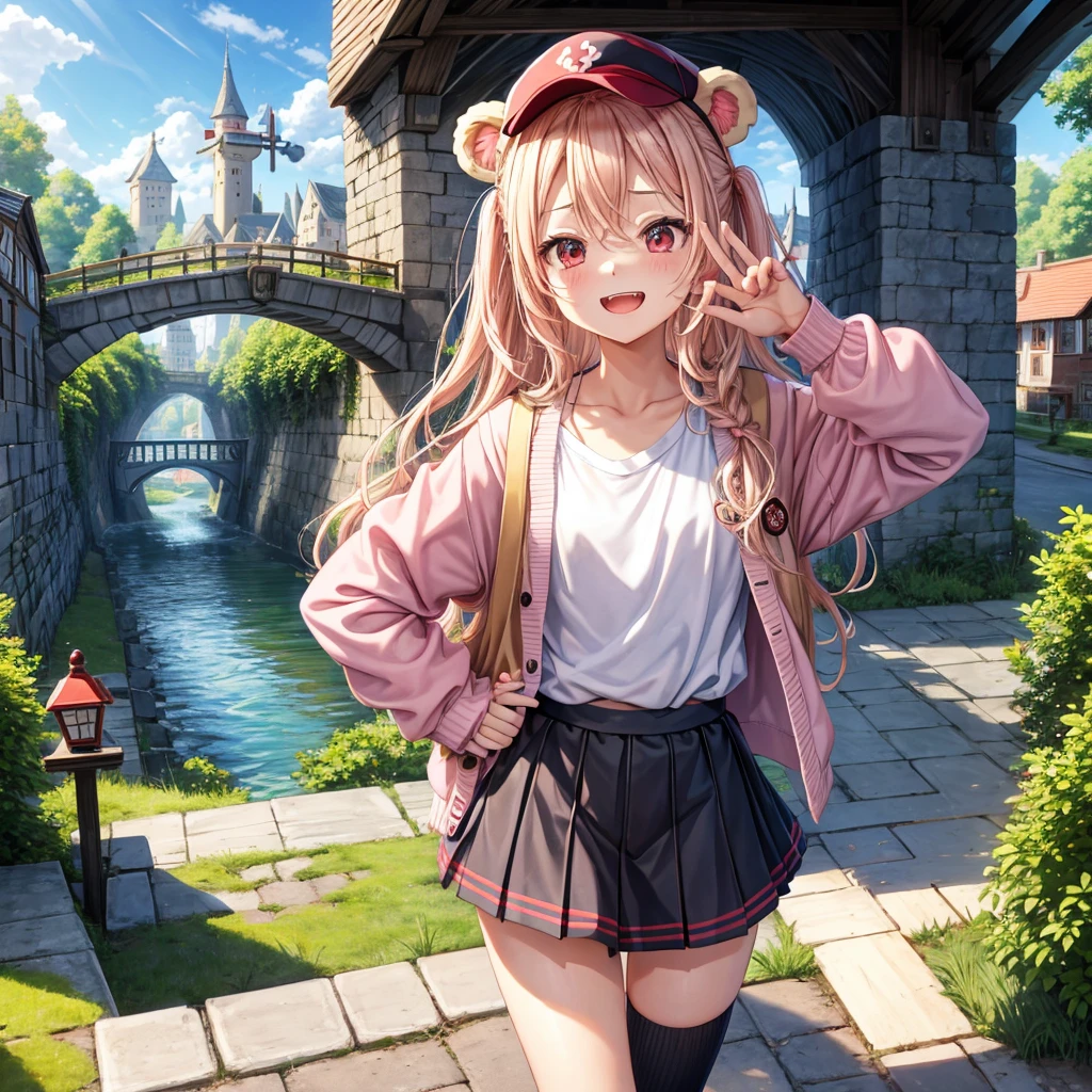 Pink Blonde、Red eyes、Wavy Hair、Hair tied up、Two cute、Checked mini skirt、black t-shirts、cardigan、Knee-high socks、bear ears baseball cap、Teeth are visible、Monster Castle、Tilting face、crossing the bridge、hazakura、windmill、grass、Stones are growing out of the ground.、A teddy bear is walking、Morning glory is blooming.、In front of the city gates、clock、Underground tunnels、Waterway、Small boat、Have a cider