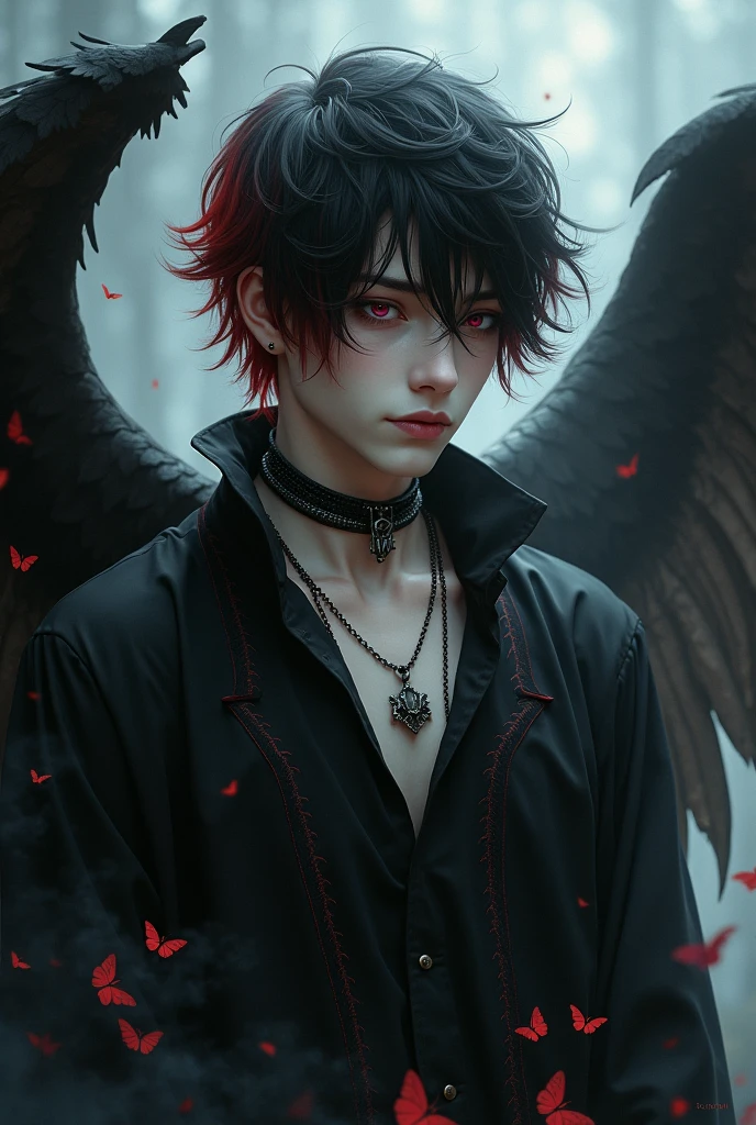 A boy who looks like someone in his 20s, her hair is black and red and her skin is white and pale, each of your eyes has a different color from the other, he is sad and melancholic because he is not reciprocated by the man he loves, he looks like a gothic, he is an angel who lost his heavenly grace and was cursed, he has vampire fangs and one of his wings is skeletal and the other is bat-like, he is a dark wizard, he has a black dog made entirely of darkness, he wears a choker and a skeleton necklace, he also likes butterflies and is an RPG character, he cries black tears and is always accompanied by his dog of darkness, the dog appears to be made of black smoke.